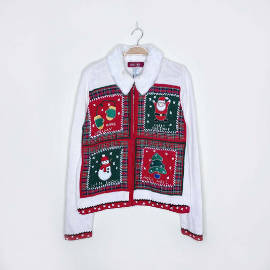 vintage sun li joy holiday santa snowman tree knit cardi - size small