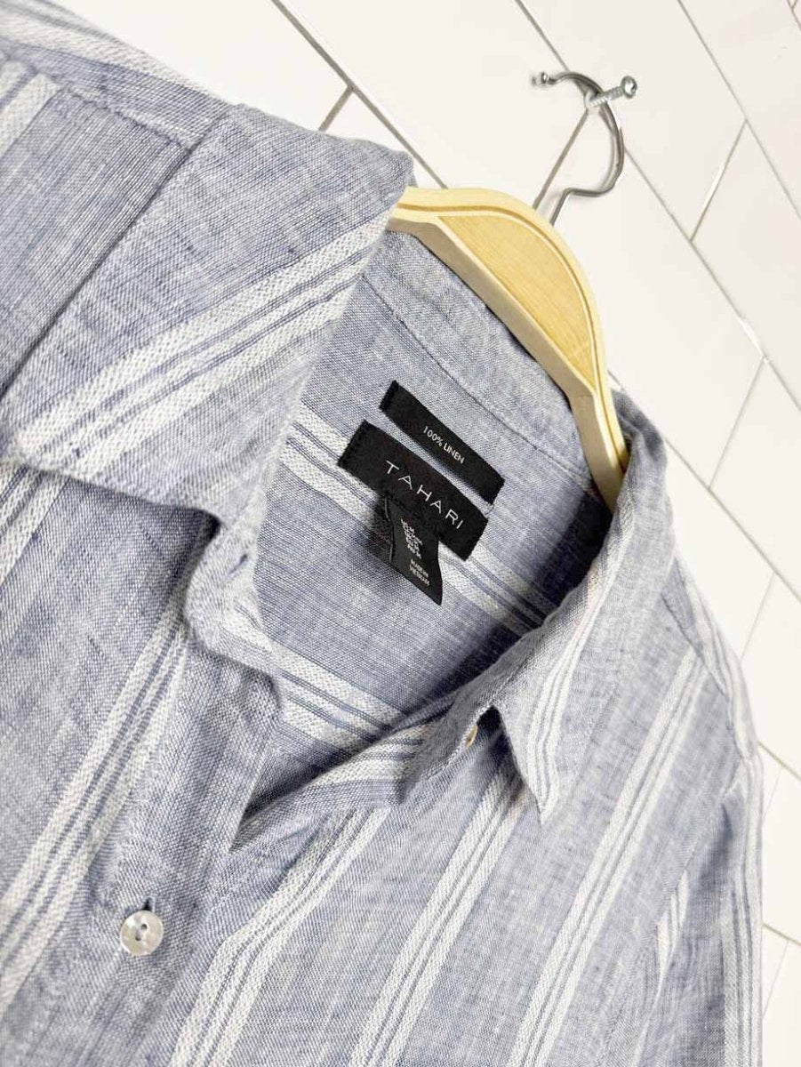 tahari 100% linen blue stripe full button shirt midi dress - good market thrift store