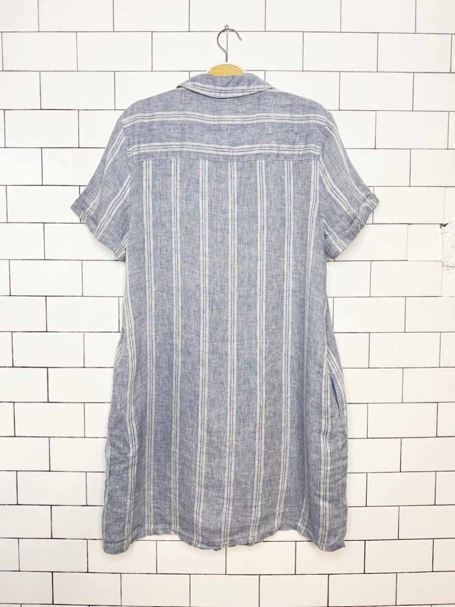 tahari 100% linen blue stripe full button shirt midi dress - good market thrift store