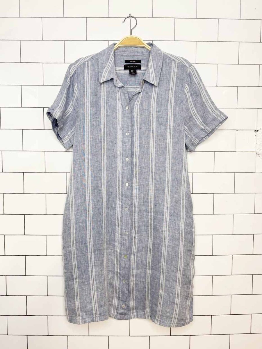 tahari 100% linen blue stripe full button shirt midi dress - good market thrift store