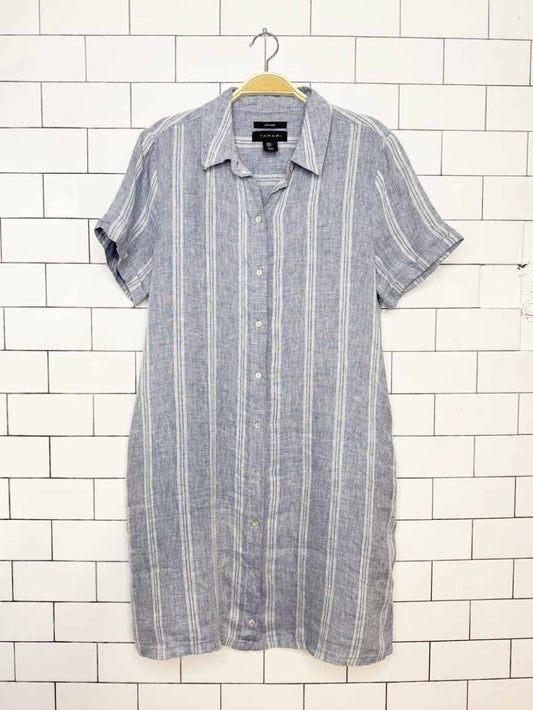 tahari 100% linen blue stripe full button shirt midi dress - good market thrift store