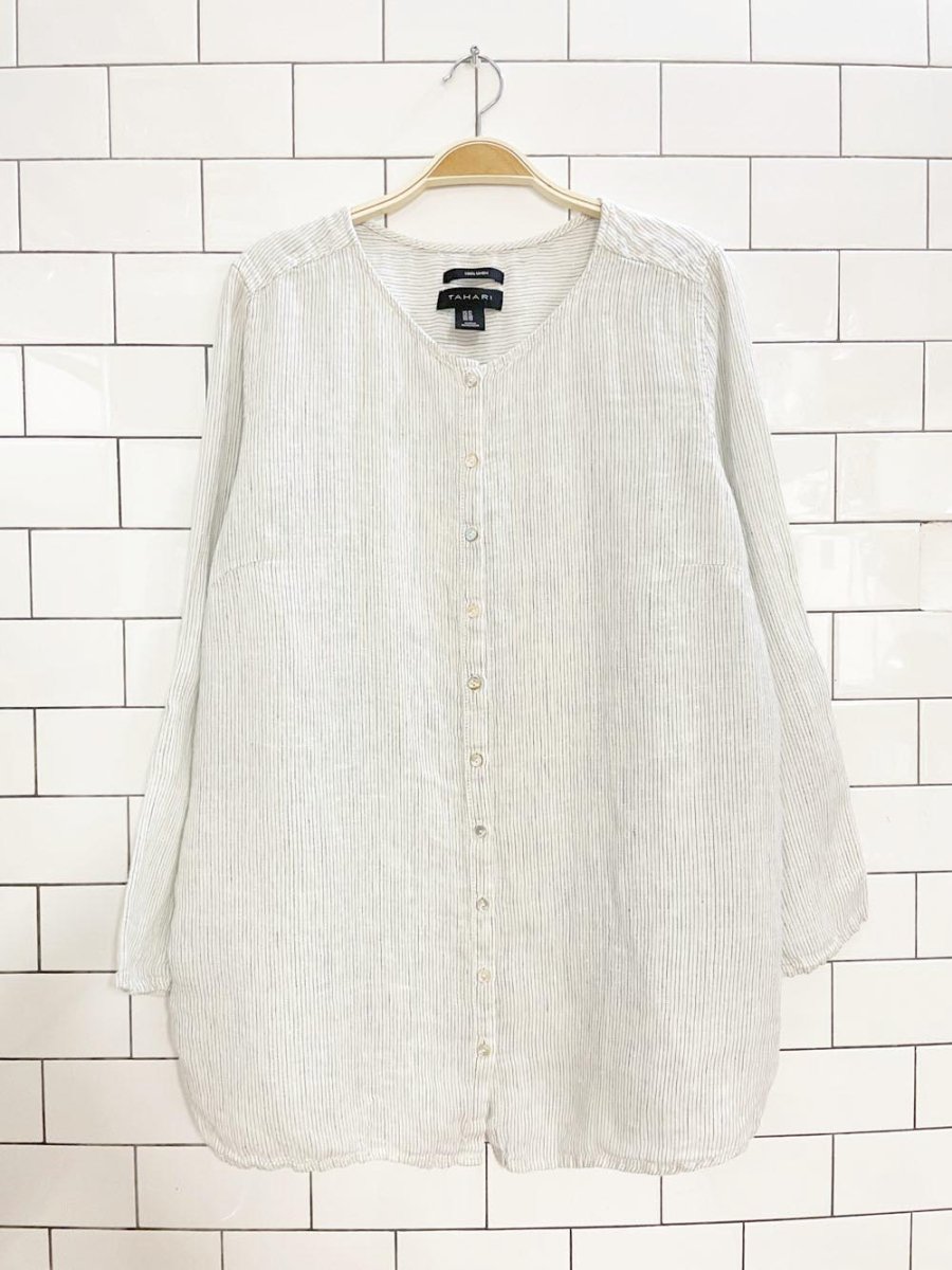 tahari 100% linen blue stripe relaxed full button shirt - good market thrift store