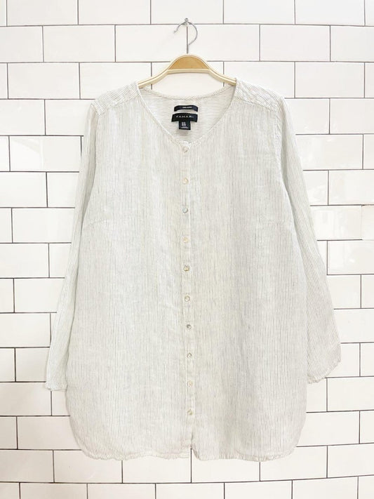 tahari 100% linen blue stripe relaxed full button shirt - good market thrift store
