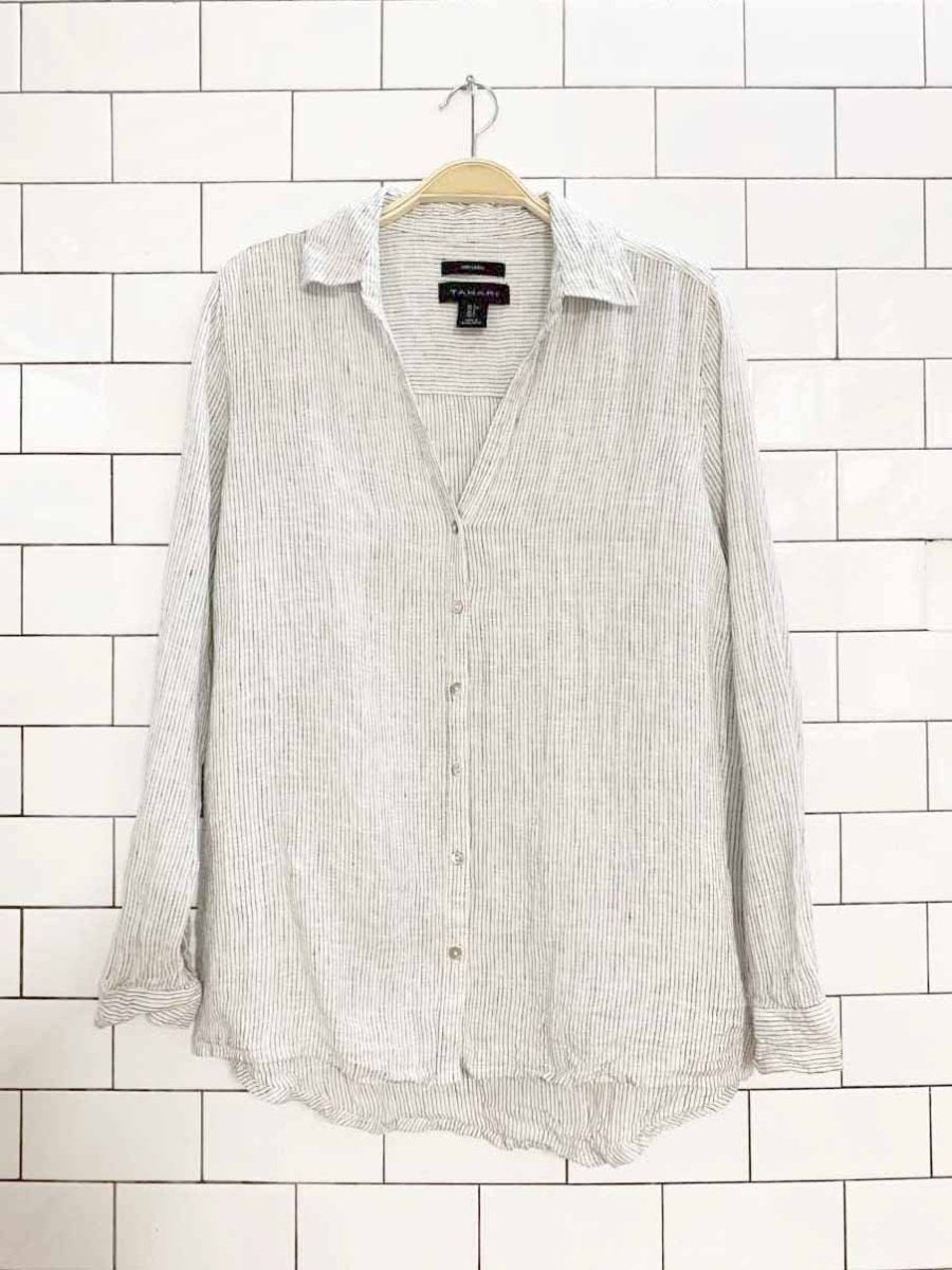 tahari 100% linen pin stripe v - neck full button shirt - good market thrift store
