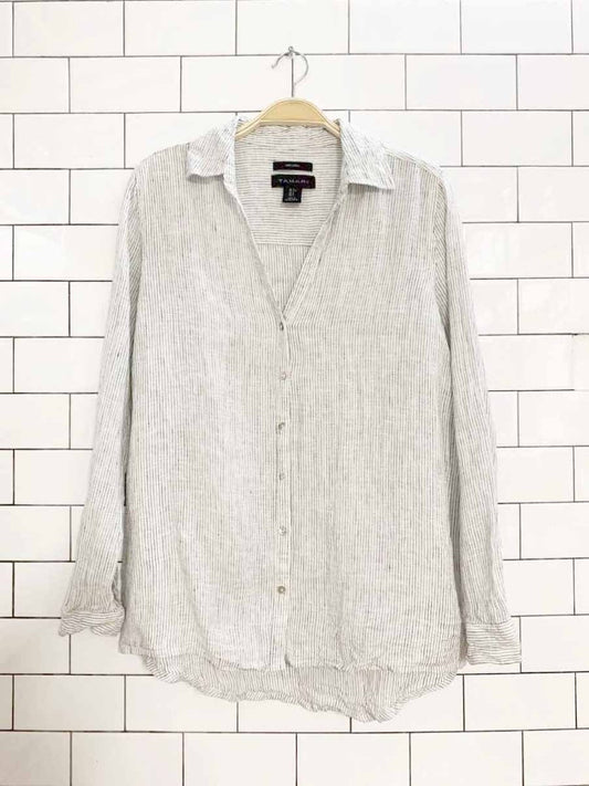 tahari 100% linen pin stripe v - neck full button shirt - good market thrift store