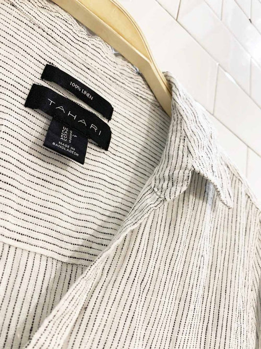 tahari 100% linen pin stripe v - neck full button shirt - good market thrift store