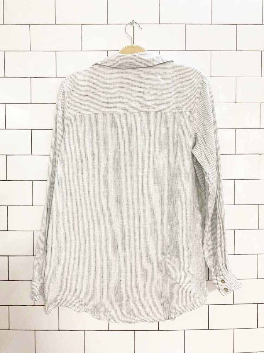 tahari 100% linen pin stripe v - neck full button shirt - good market thrift store