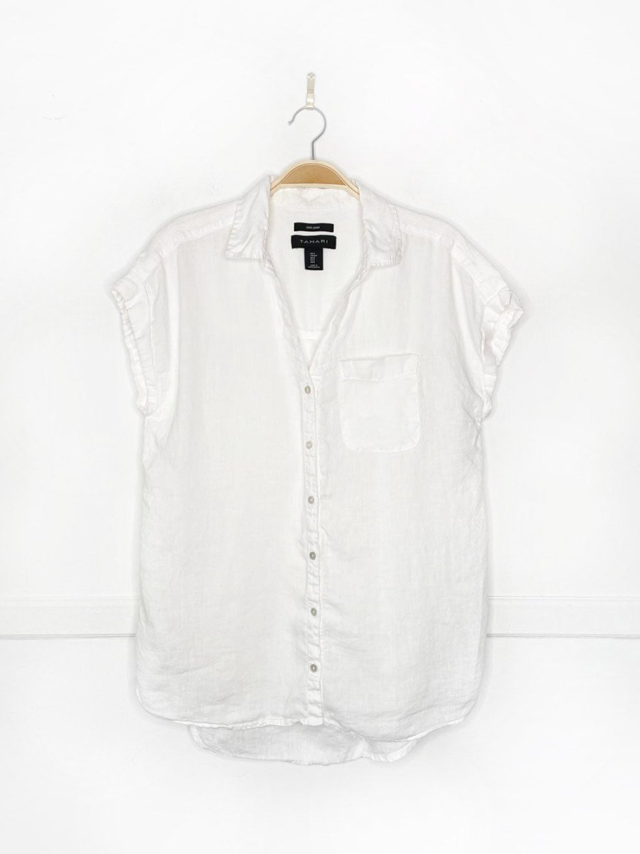 tahari 100% linen relaxed full sleeveless button shirt - good market thrift store