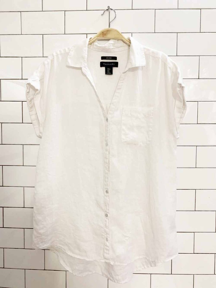 tahari 100% linen sleeveless boxy full button shirt - good market thrift store