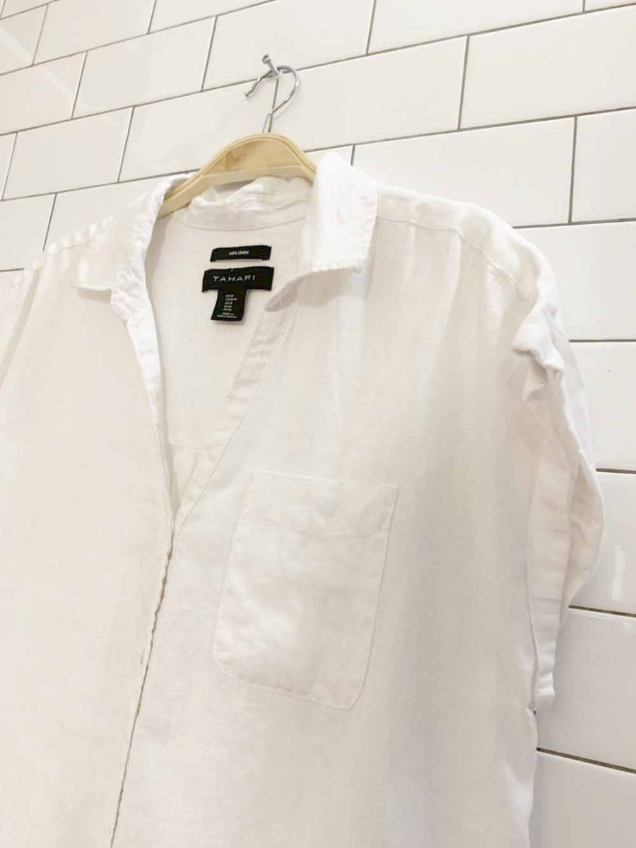 tahari 100% linen sleeveless boxy full button shirt - good market thrift store