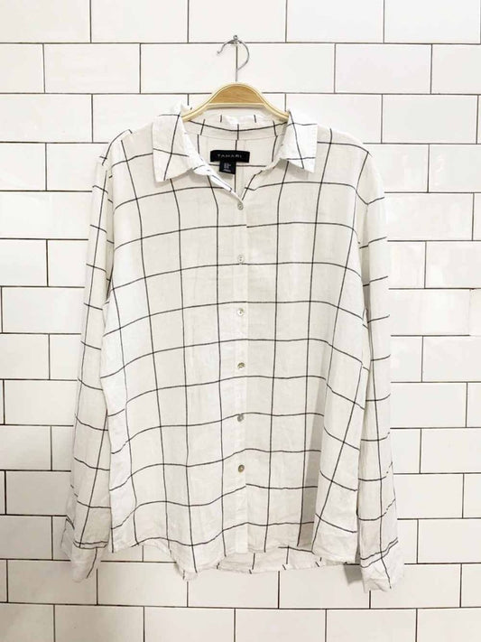 tahari linen - blend windowpane plaid full button shirt - good market thrift store