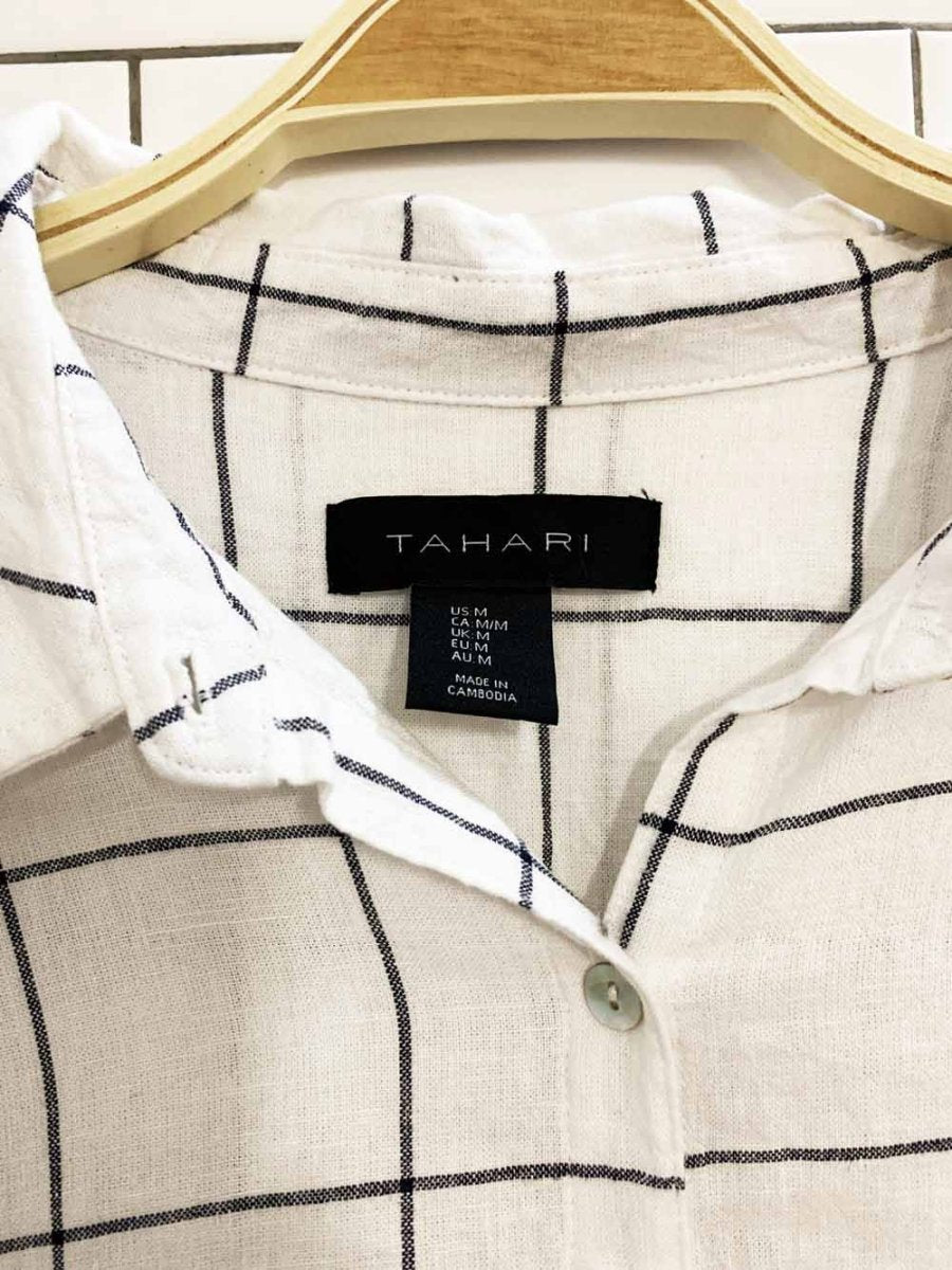 tahari linen - blend windowpane plaid full button shirt - good market thrift store