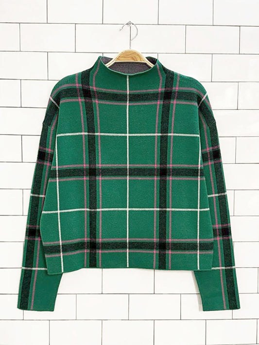 tahari soft plaid mock neck boxy knit sweater - good market thrift store