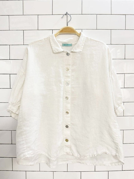 talia benson 100% linen shell button drop shoulder puff sleeve boxy shirt | made in Italy - good market thrift store