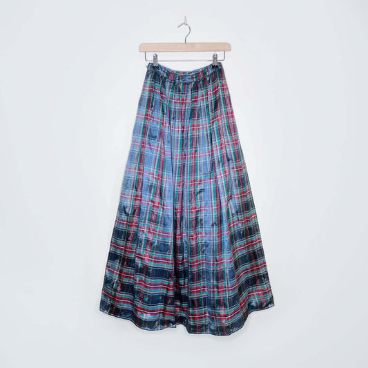 shimmery holiday tartan pleated maxi skirt - size xs