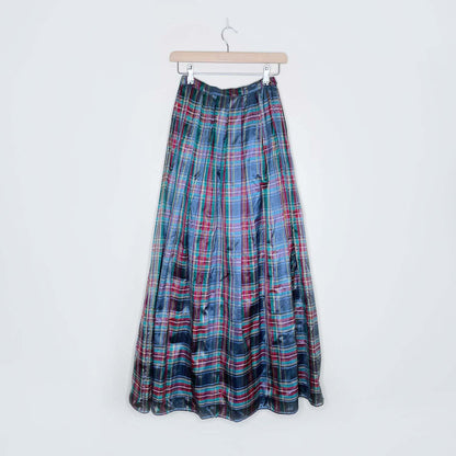 shimmery holiday tartan pleated maxi skirt - size xs
