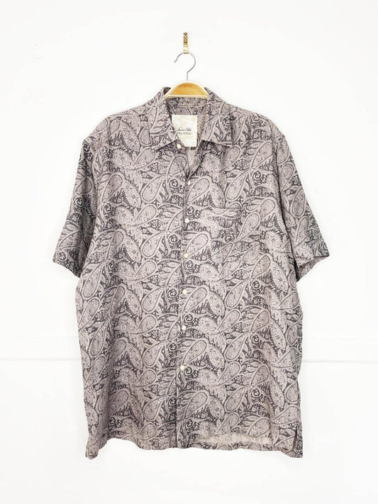 taso elba island linen - silk paisley full button resort shirt - good market thrift store