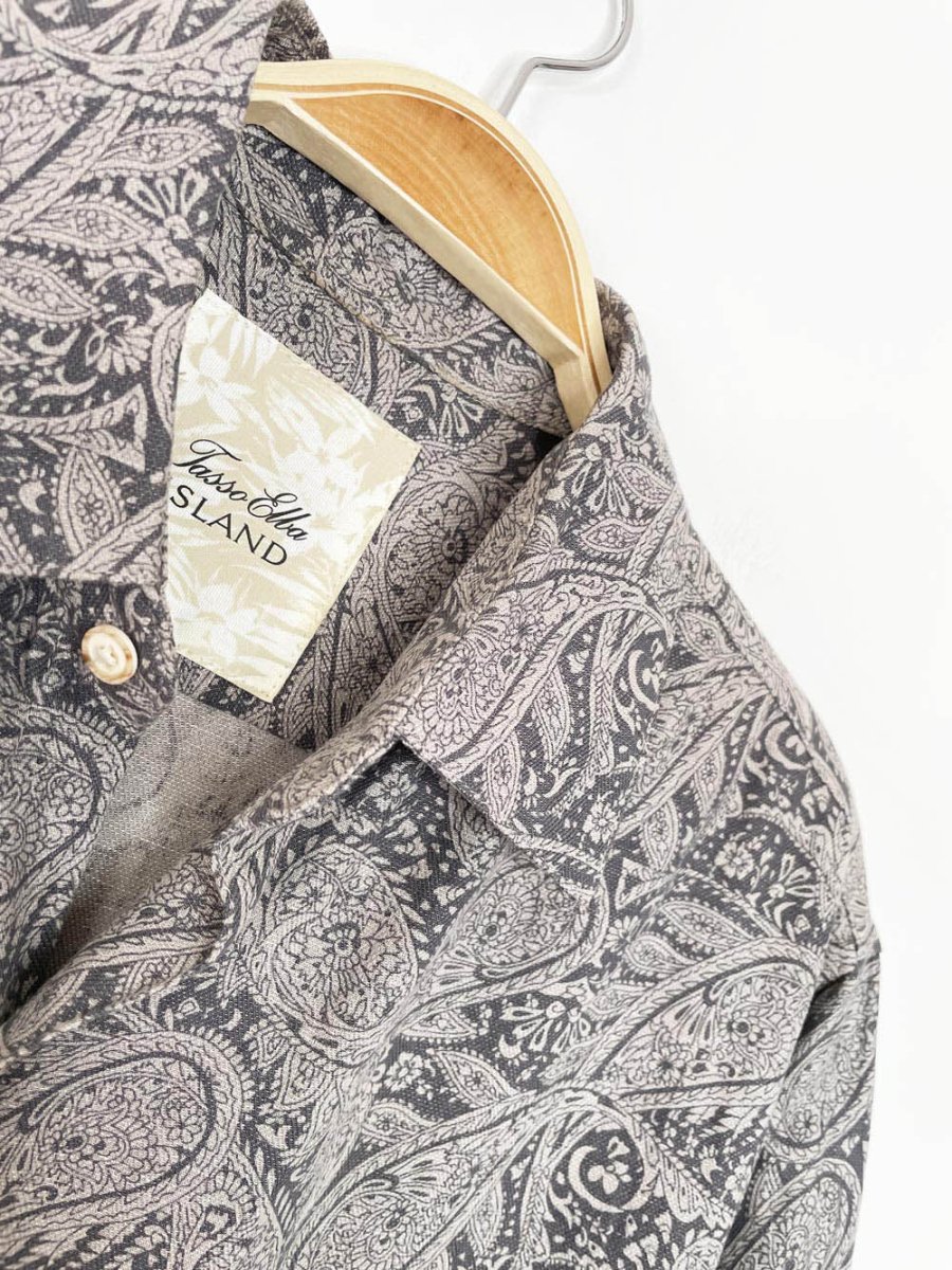taso elba island linen - silk paisley full button resort shirt - good market thrift store