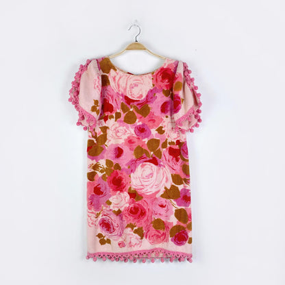 vintage 60s floral terry pom fringe beach dress