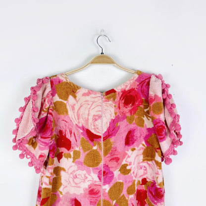 vintage 60s floral terry pom fringe beach dress