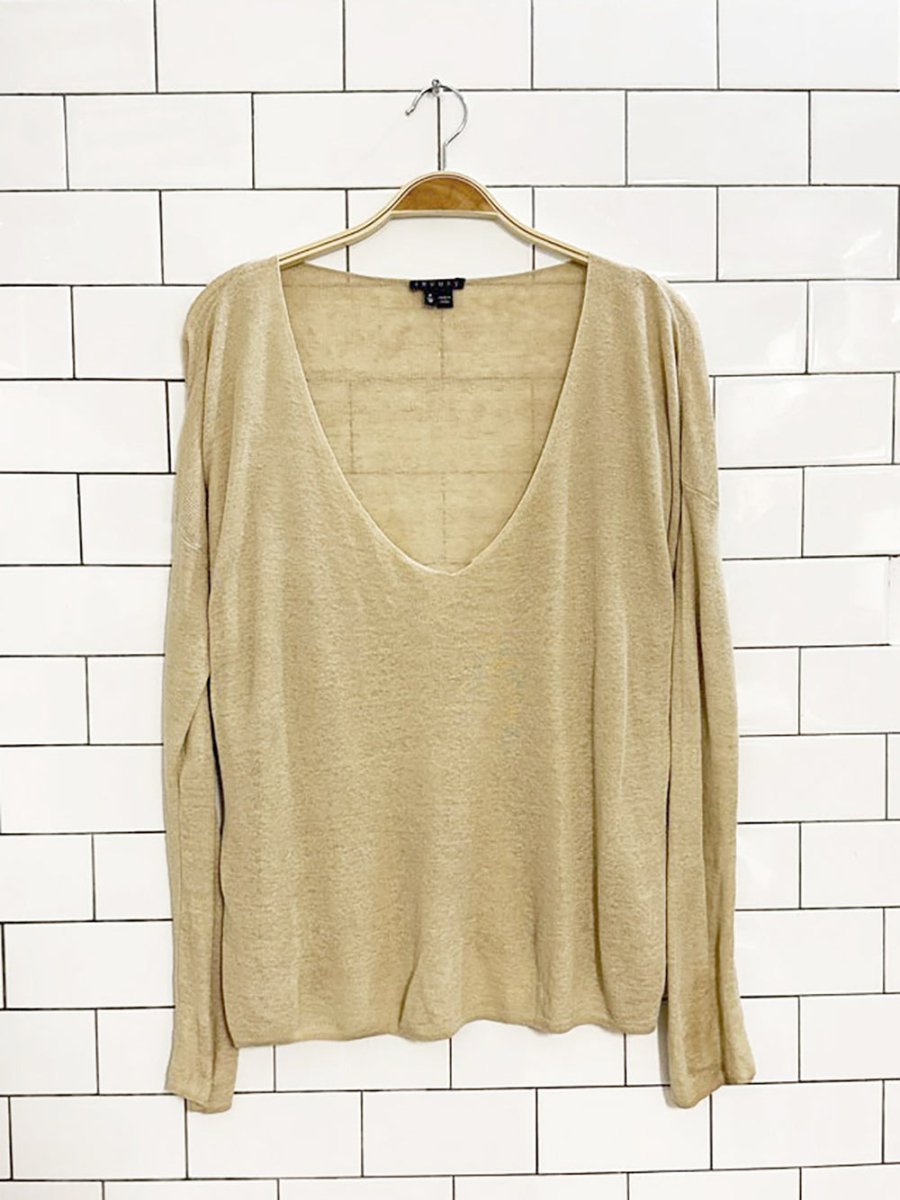 theory linen - blend long neck sheer knit top - good market thrift store