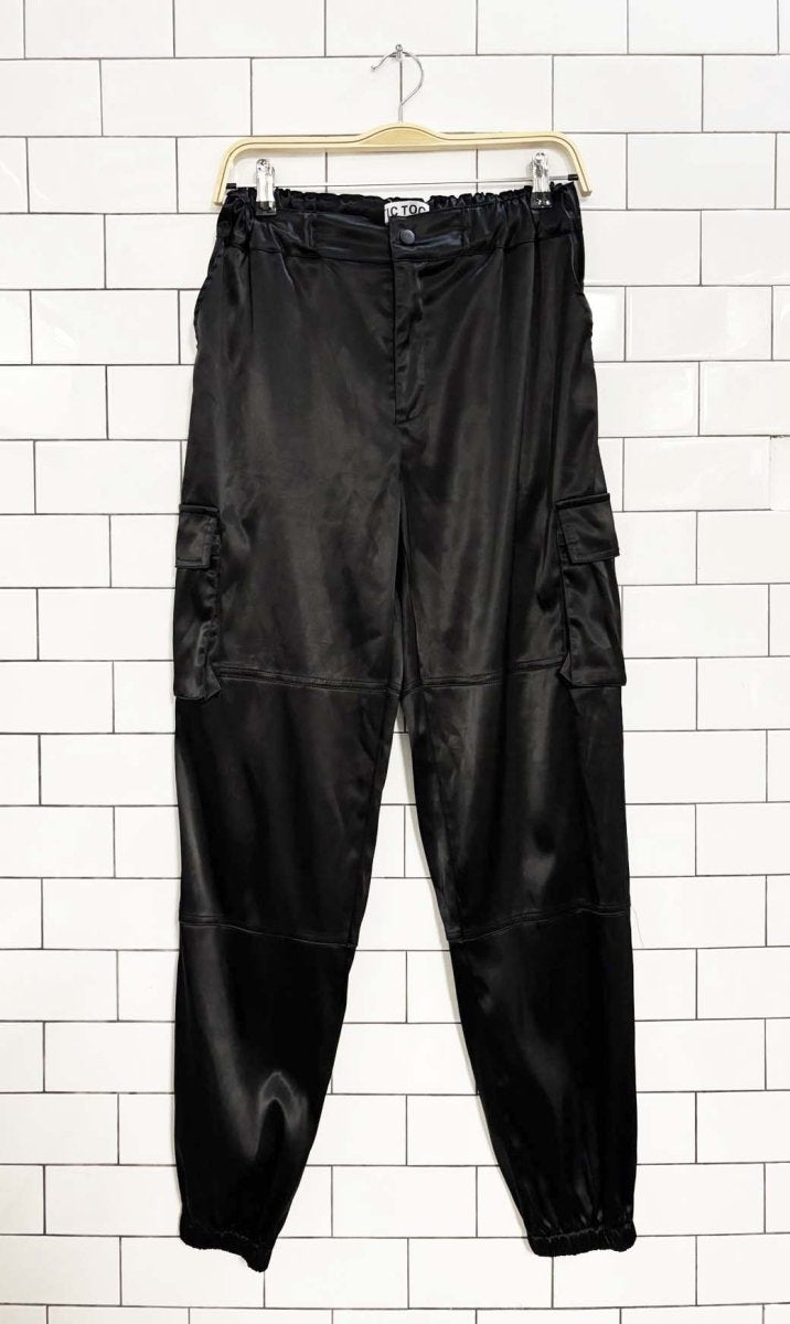 tic toc black satin cargo joggers - good market thrift store