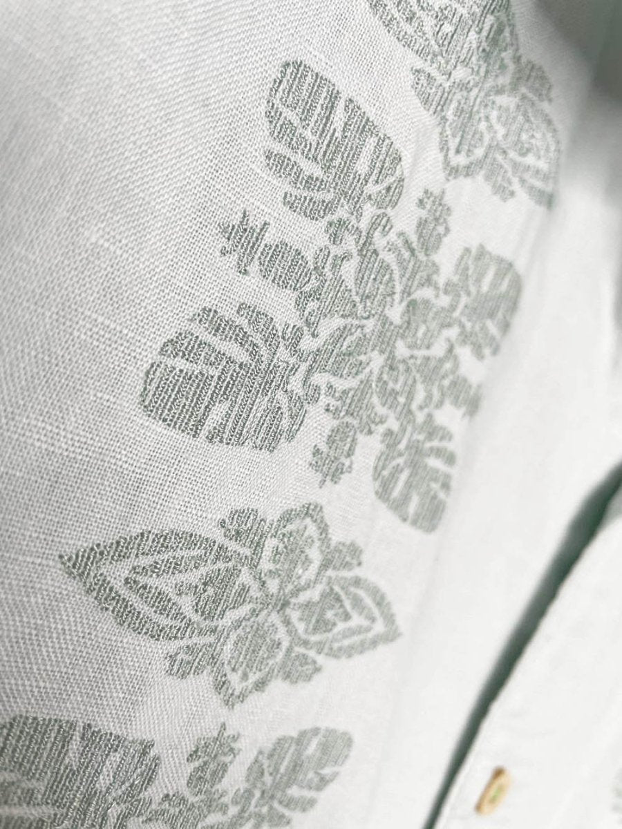toes on the nose linen - blend embroidered full button resort shirt - good market thrift store