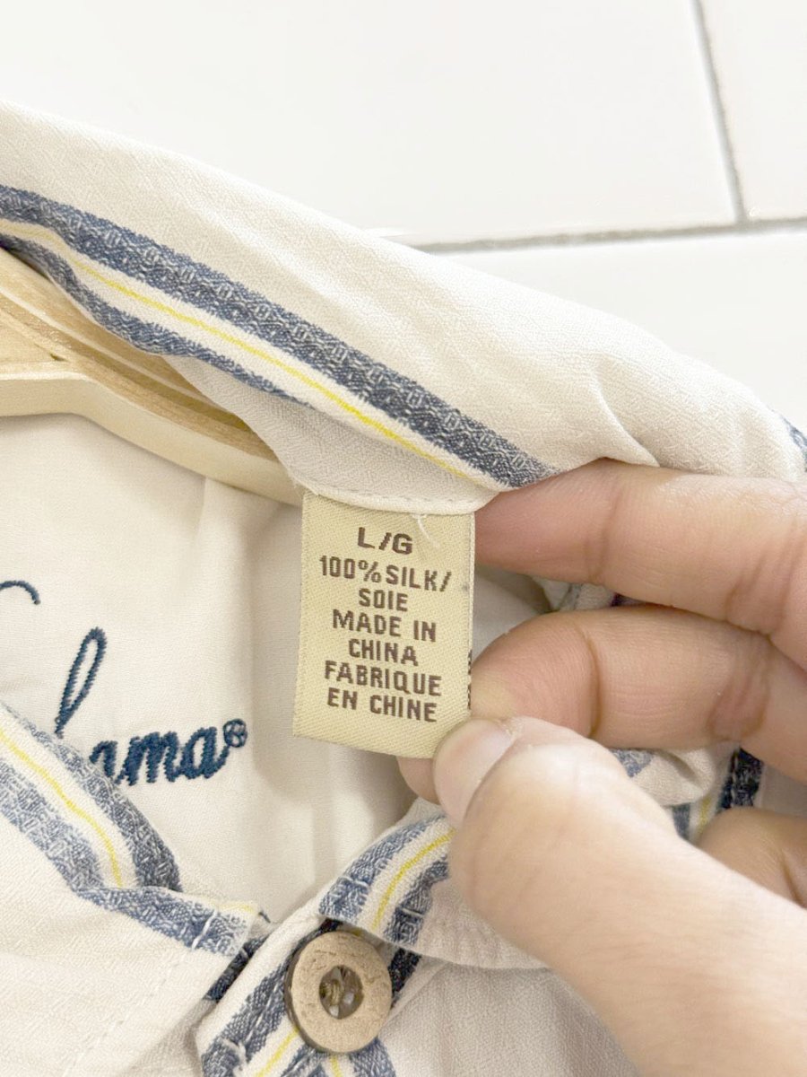 tommy bahama 100% silk embroidered blue stripe cabana shirt - good market thrift store