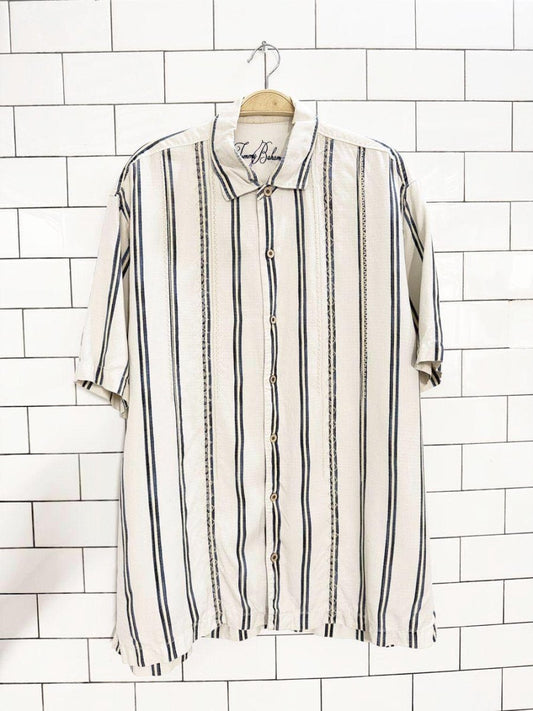 tommy bahama 100% silk embroidered blue stripe cabana shirt - good market thrift store