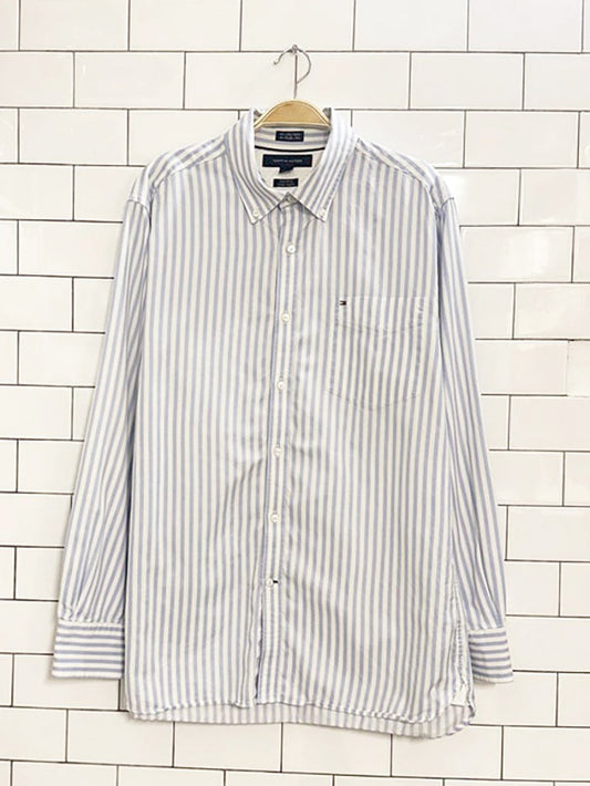 tommy hilfiger 80s 2 - ply blue stripe menswear shirt - good market thrift store