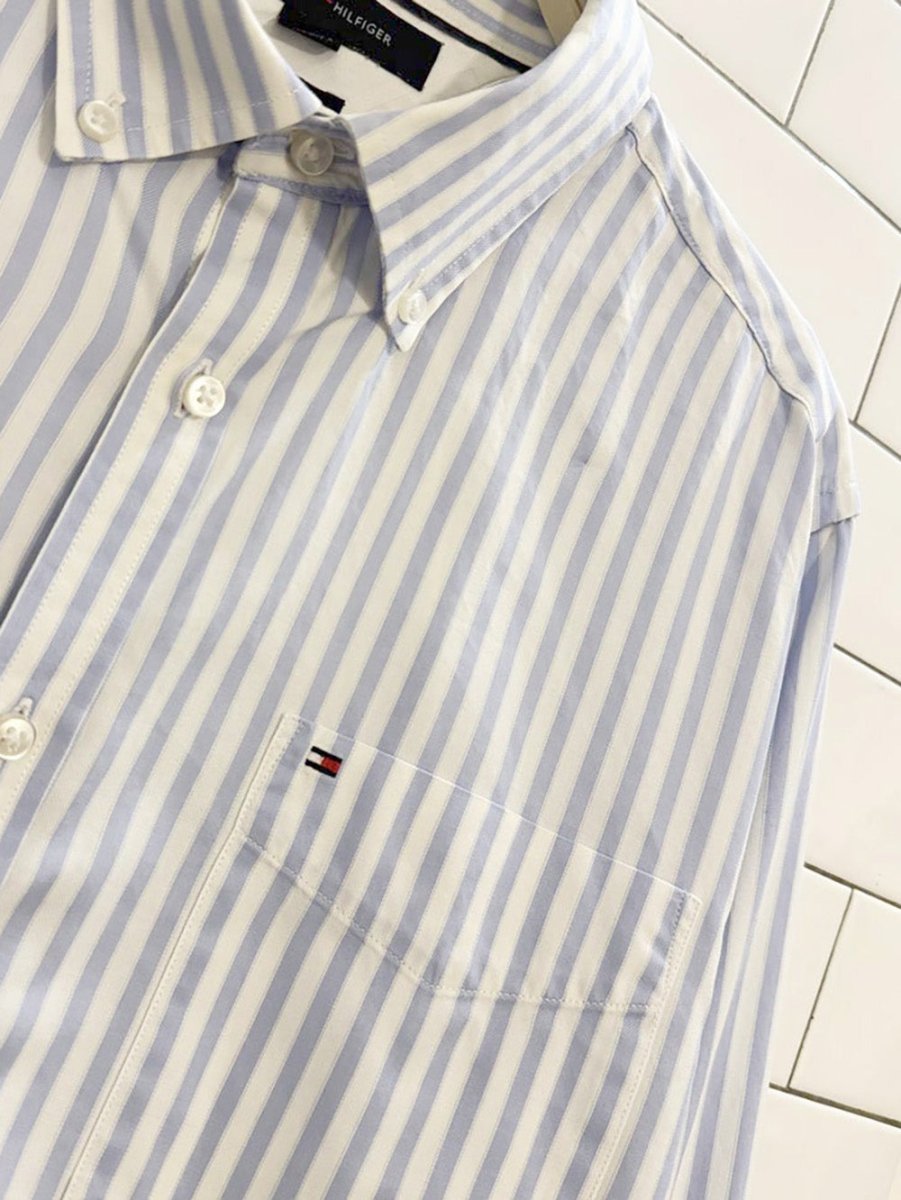 tommy hilfiger 80s 2 - ply blue stripe menswear shirt - good market thrift store
