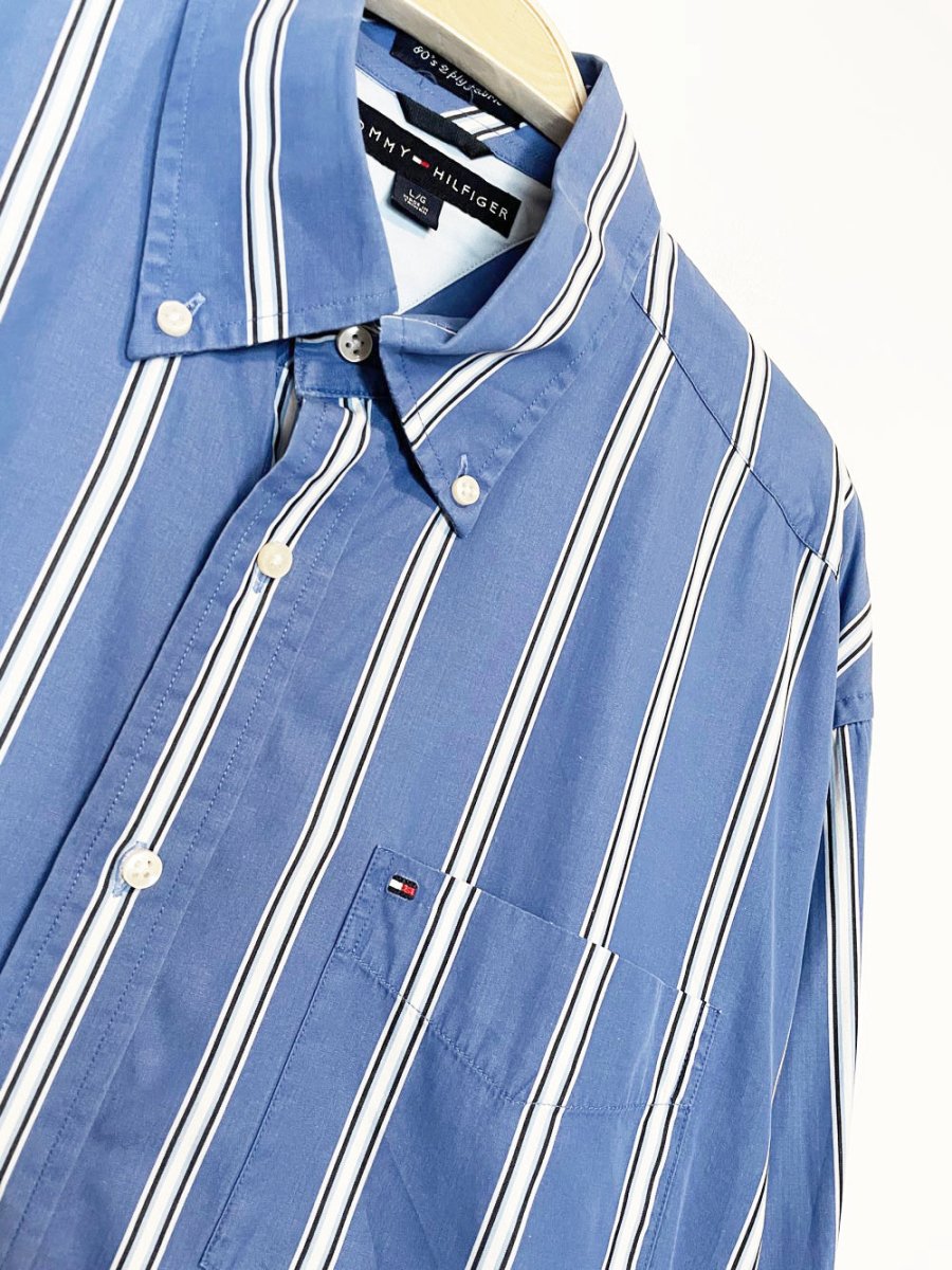 tommy hilfiger blue stripe sporty prep cropped shirt | rework - good market thrift store
