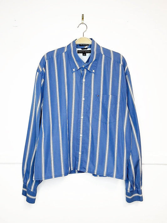tommy hilfiger blue stripe sporty prep cropped shirt | rework - good market thrift store