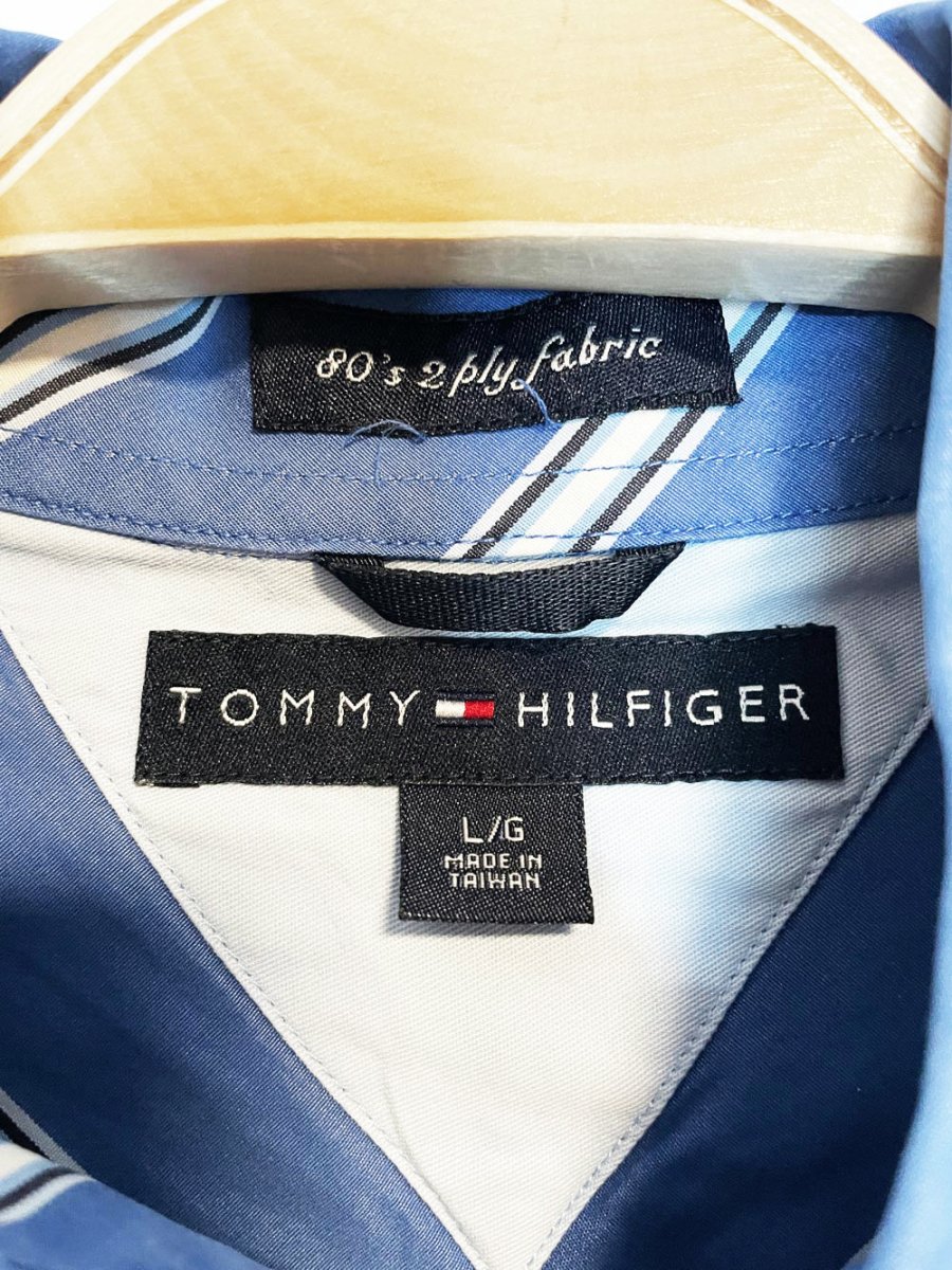 tommy hilfiger blue stripe sporty prep cropped shirt | rework - good market thrift store