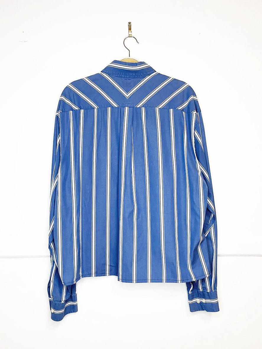tommy hilfiger blue stripe sporty prep cropped shirt | rework - good market thrift store