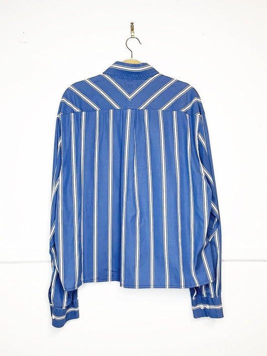 tommy hilfiger blue stripe sporty prep cropped shirt | rework - good market thrift store