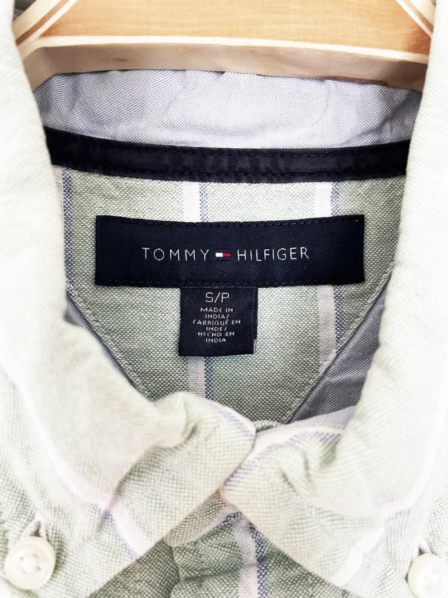 tommy hilfiger green stripe sporty prep cropped shirt | rework - good market thrift store