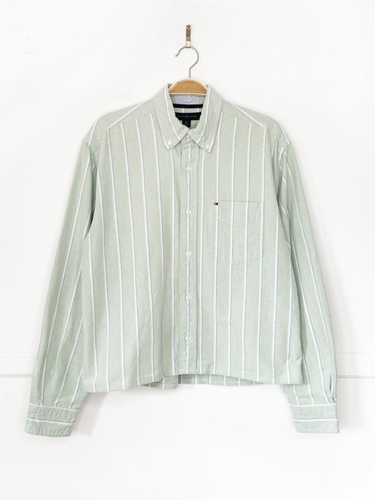 tommy hilfiger green stripe sporty prep cropped shirt | rework - good market thrift store