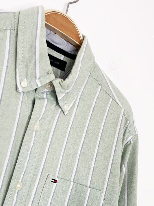 tommy hilfiger green stripe sporty prep cropped shirt | rework - good market thrift store