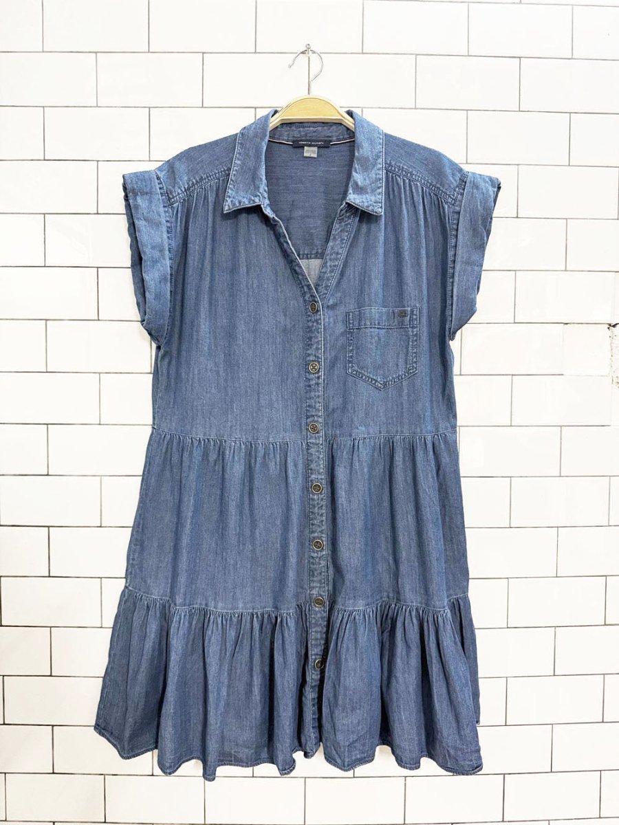tommy hilfiger tiered full button denim mini dress - good market thrift store