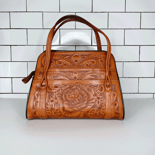 vintage tooled leather structured handbag