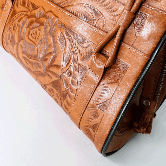 vintage tooled leather structured handbag