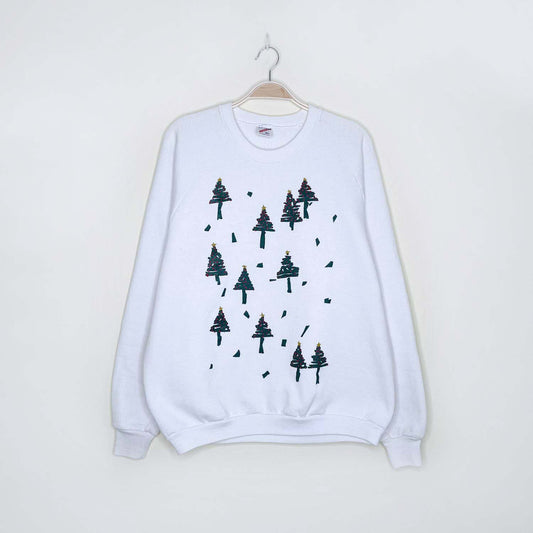 vintage 80s  jerzees white christmas tree crew - size xl