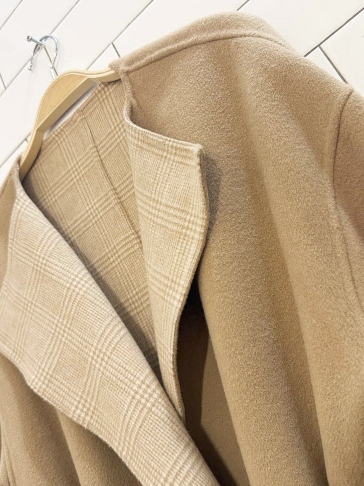 uniqlo wool - blend check lining belted coat - good market thrift store
