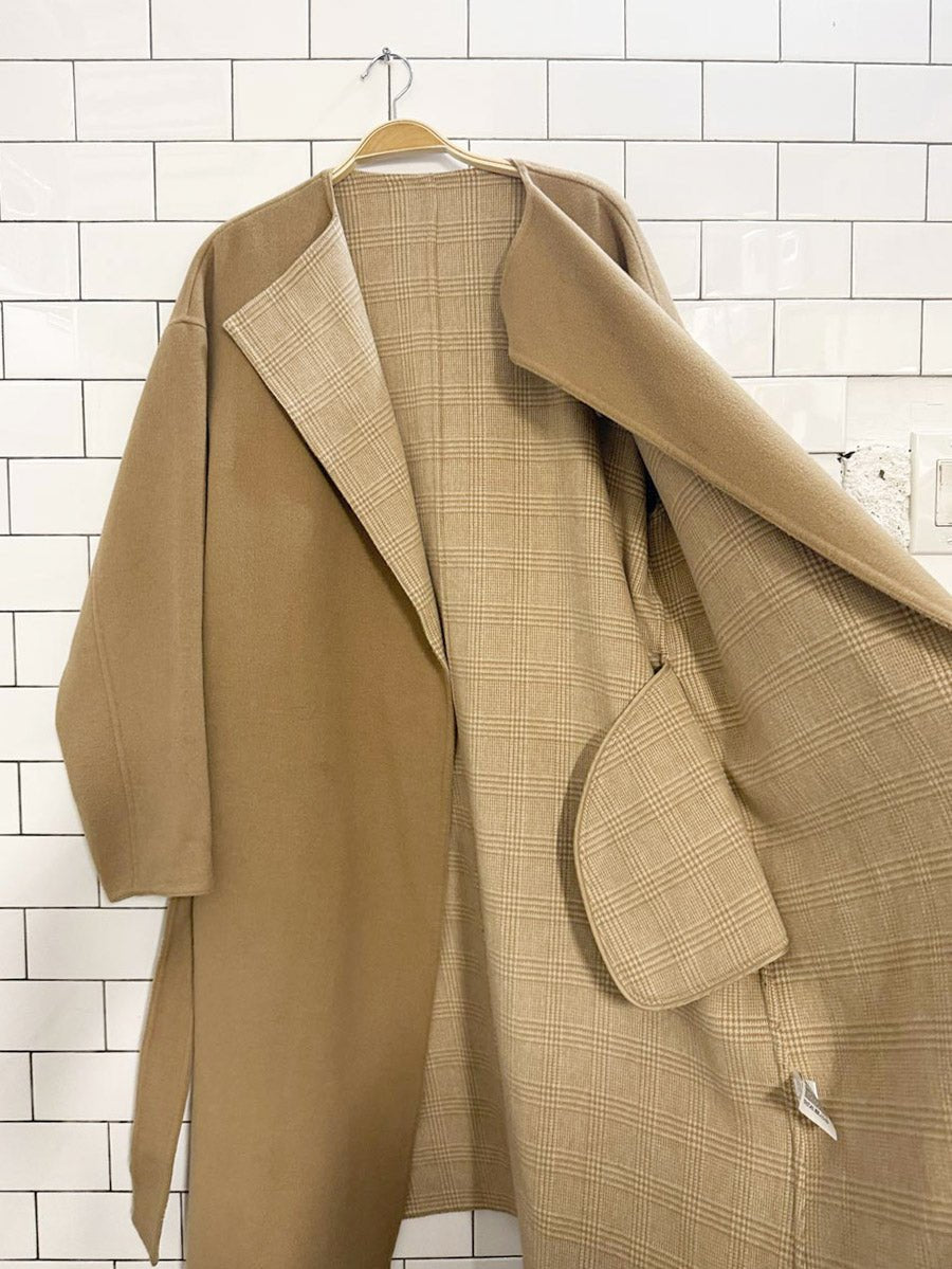 uniqlo wool - blend check lining belted coat - good market thrift store