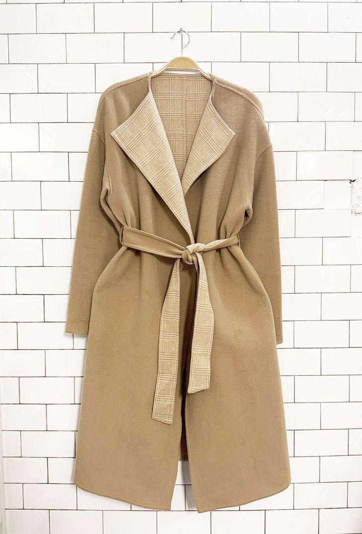 uniqlo wool - blend check lining belted coat - good market thrift store