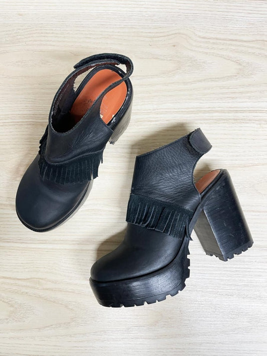 UO x arts thread leather fringe platform slingback boots | urban outfitters - good market thrift store