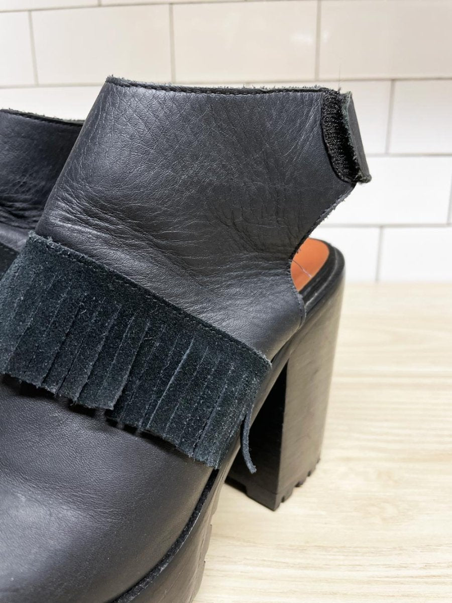 UO x arts thread leather fringe platform slingback boots | urban outfitters - good market thrift store