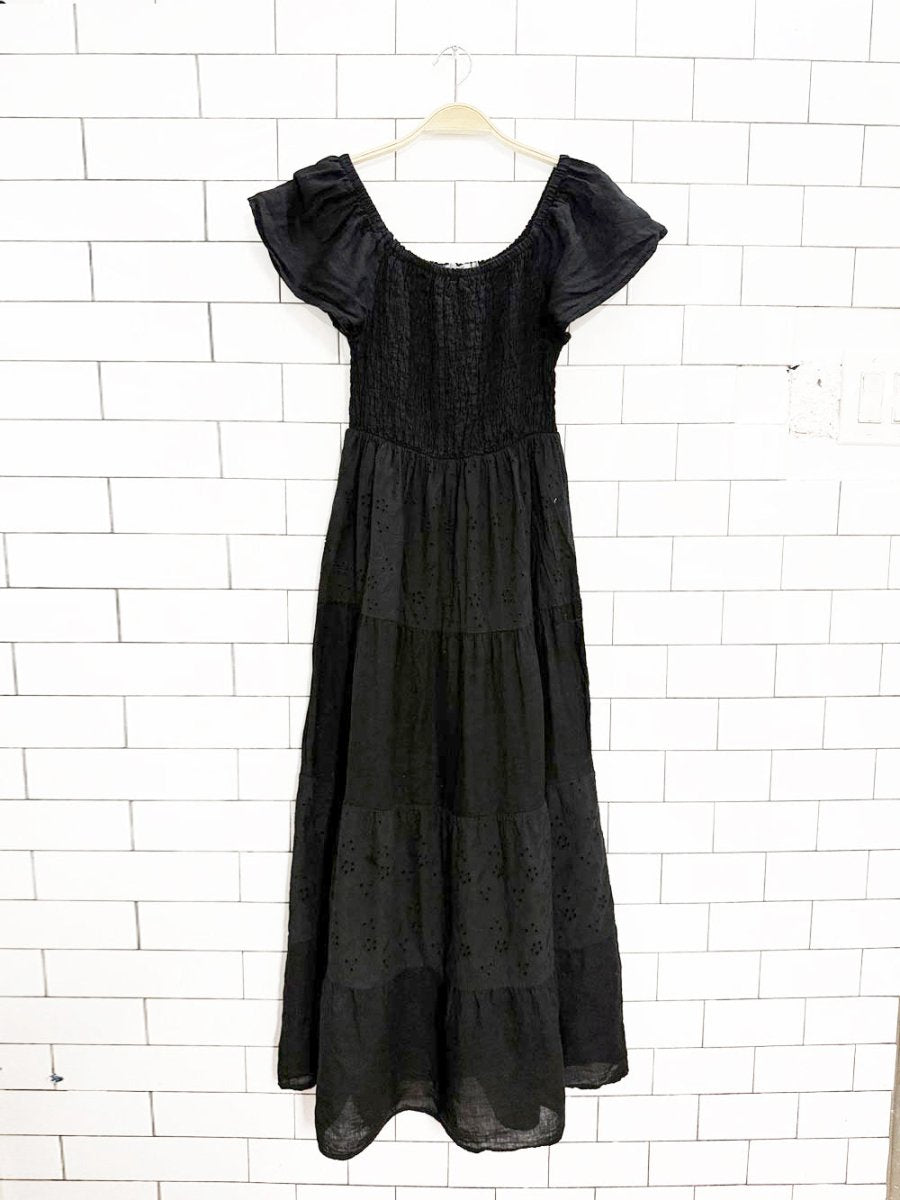 valentina naldi 100% linen + cotton smocked off shoulder tiered maxi dress | made in Italy - good market thrift store