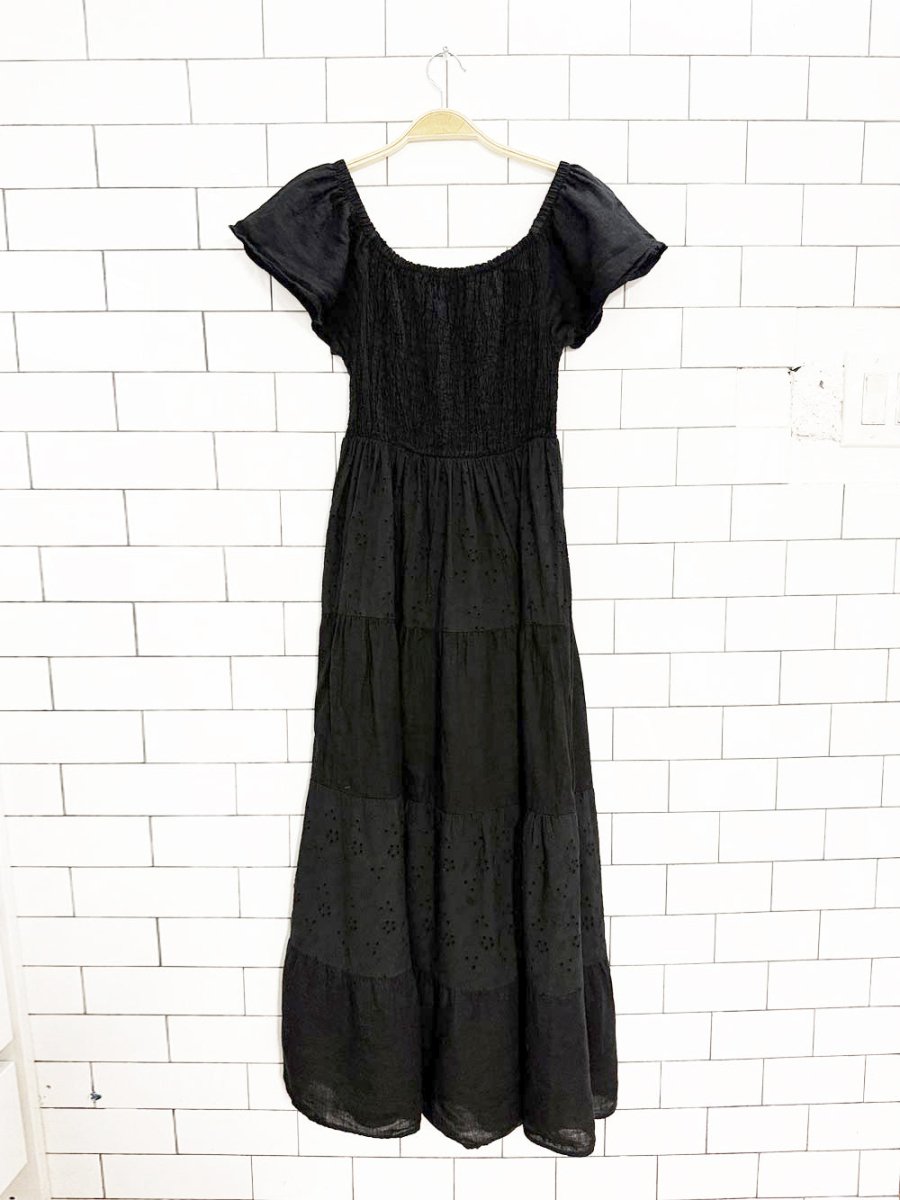 valentina naldi 100% linen + cotton smocked off shoulder tiered maxi dress | made in Italy - good market thrift store